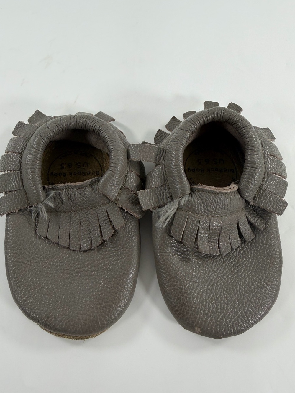 BirdRock Baby Gray Leather Fringe Moccasins Soft Sole Crib Shoes US 6.5